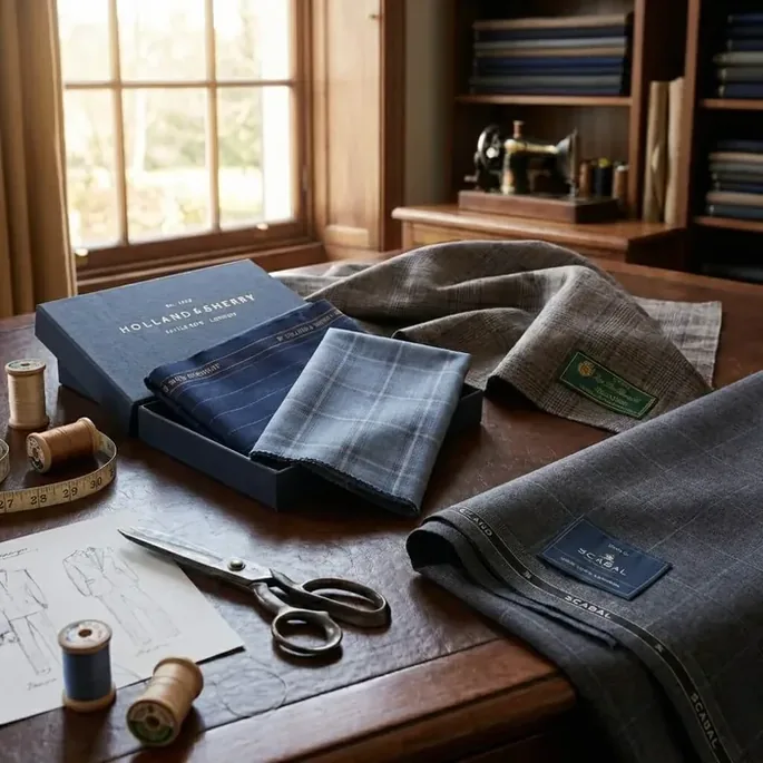 Holland & Sherry and Scabal suit cloth with tailoring tools